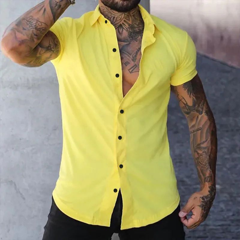Men's Clothing Foreign Trade Summer Men's Slim Solid Color Cardigan Short Sleeved Shirt European And American Youth Casual Shirt Men's Clothing_voghion.com