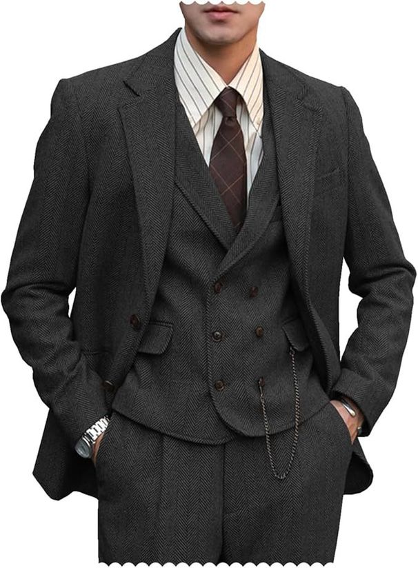 Men's Slim Fit Herringbone Suit 3-Piece Set - Business Casual Blazer, Vest & Pants For Wedding, Party & Office_voghion.com