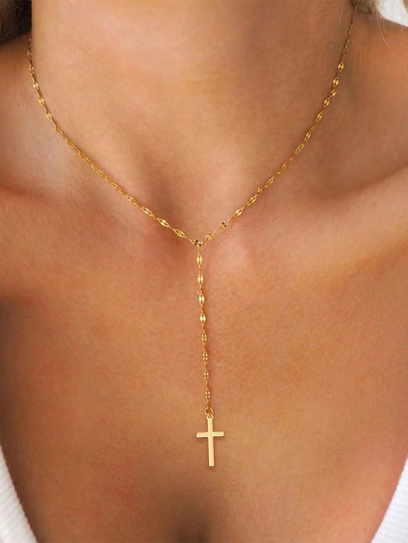 Collana cubana con ciondolo a forma di Y con nappa a forma di croce, squisita catena per clavicola da donna_voghion.com