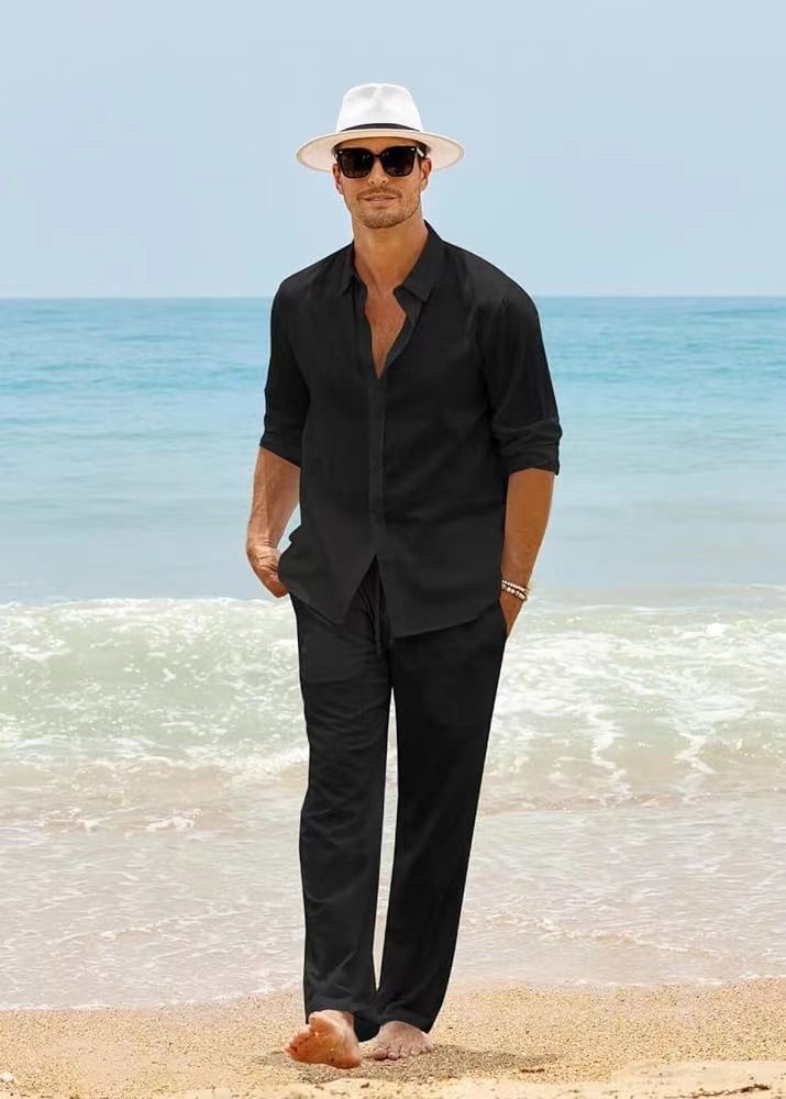 New Fashion Casual Long Sleeve Stand Collar Shirt Cardigan 2-Piece Versatile Men's Outfit Set_voghion.com