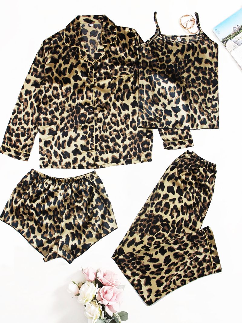 Conjunto de pijama de 4 piezas para mujer, con pantalones cortos y cuello halter y pantalón de manga larga, para estar en casa_voghion.com