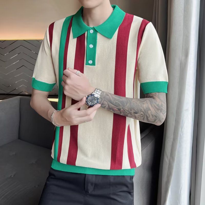 Männerkleeder modesch all-match gestreift Faarfpassend Kuerzärm T-Shirt Männer Summer Jugend populär Temperament Trend All-Match Tops_voghion.com