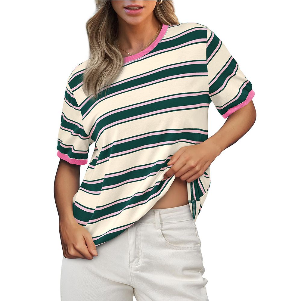 Casual Striped Short Sleeve T-Shirt For Men & Women – Comfortable Cotton Blend, Loose Fit, Color Block Design_voghion.com