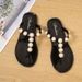 Women's Summer Simple Flat Flip-Flops With Pearl Decoration, Trendy Toe-Post Sandals_voghion.com