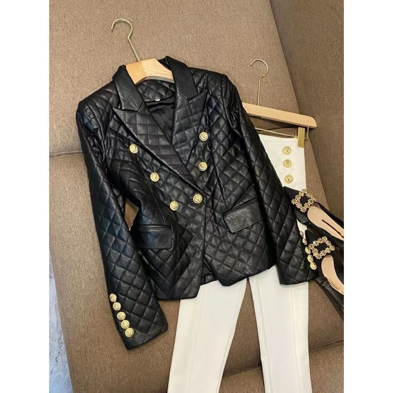 Women's Clothing Black short shoulder pads small casual suit leather jacket suit jacket female pu leather jacket female jacket _voghion.com