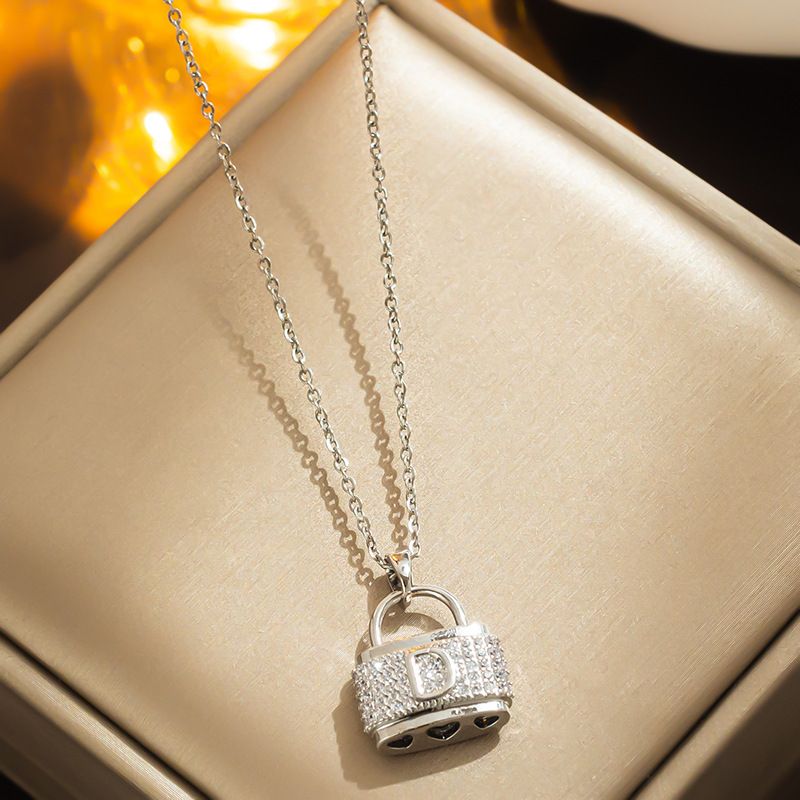 D letter bag necklace female simple temperament micro-studded diamond handbag pendant titanium steel clavicle chain_voghion.com