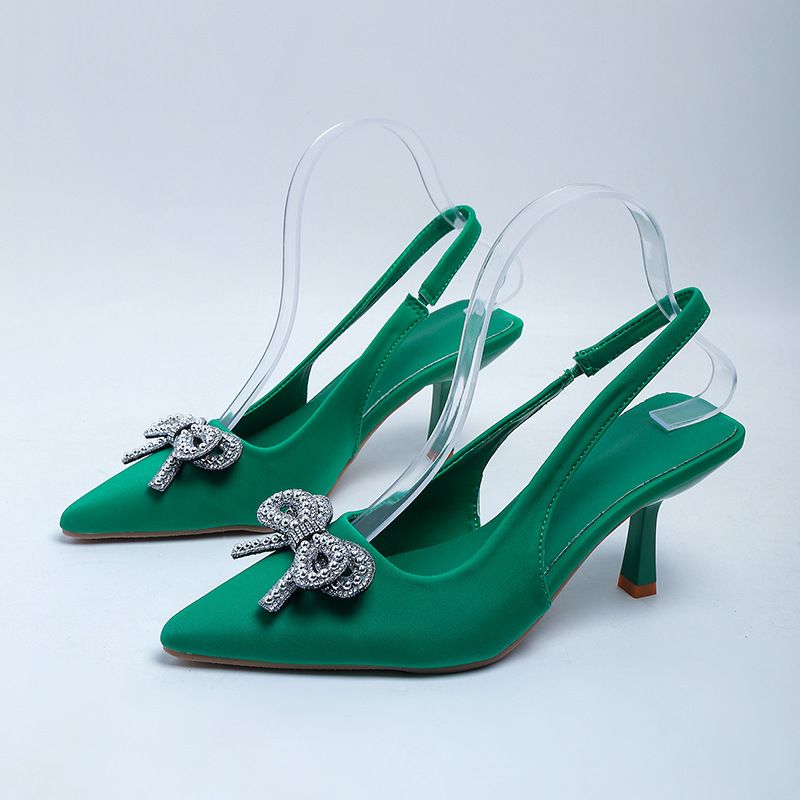 New sandals women's high heels pointy back trip with bow rhinestone chain bright fine heel shallow mouth women's shoes_voghion.com