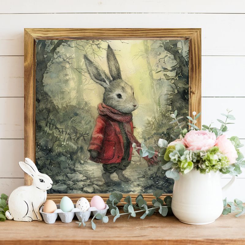Charmig kanin i röd rock, vintage träinramad väggkonst - perfekt för bondgårdsinredning, vardagsrum, entré och sovrum - perfekt påskpresent, 20x20 cm_voghion.com