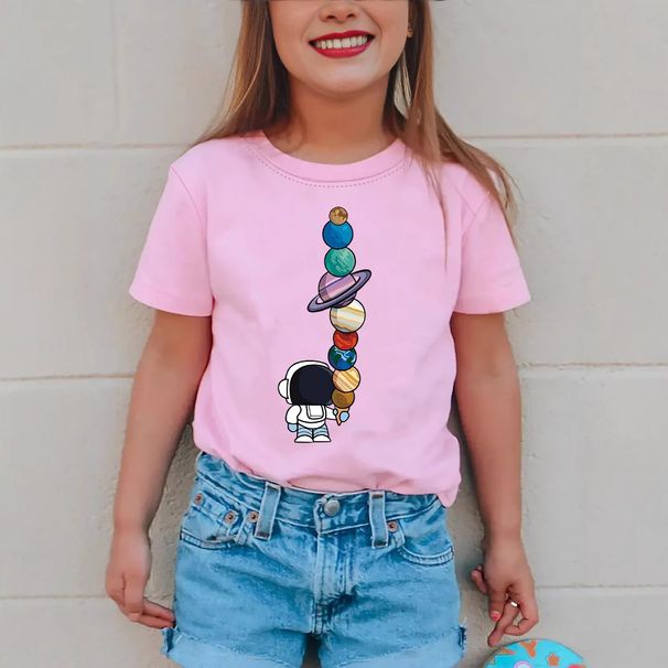 Kinderkleidung für Mädchen, stilvolles, kurzärmliges T-Shirt mit Astronautenmuster-Aufdruck, Sommerkleidung für Kinder_voghion.com