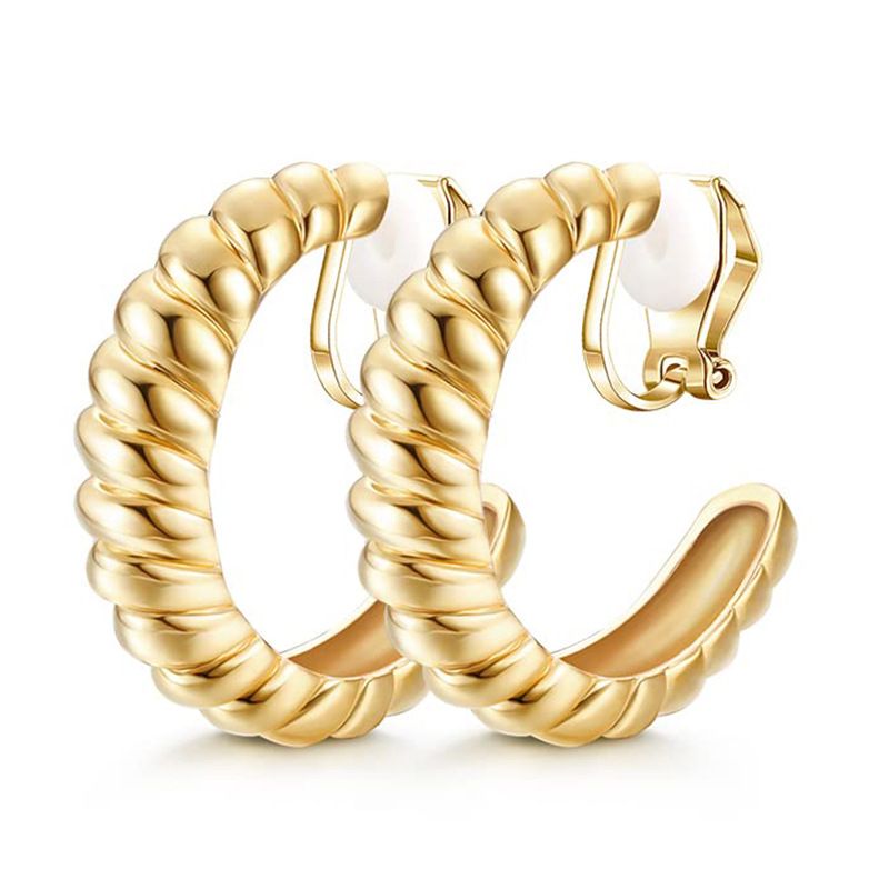1 Paar Gold für Frauen Mädchen Twist Chunky Geometric Round Hie Hoop Ohrclip Nicht-Piercing Ohrringe_voghion.com