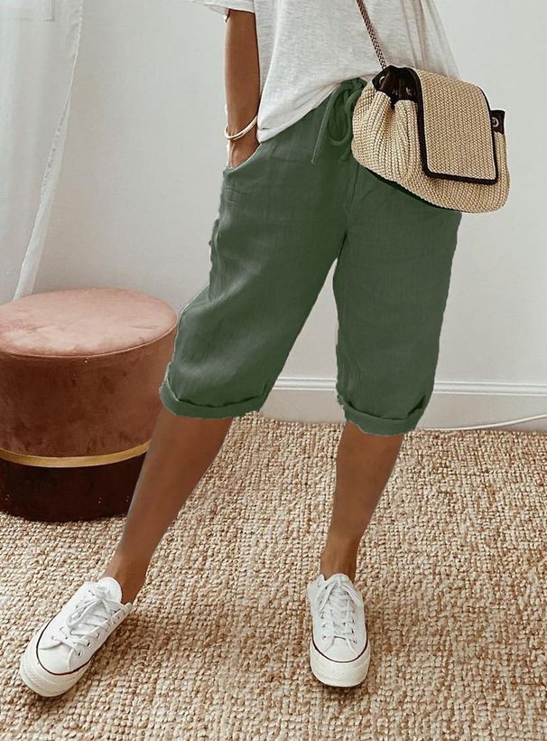 Women's cotton and linen pocket elastic casual pants women's pants quarter pants_voghion.com