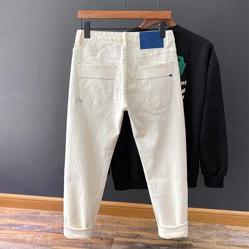Herreklær jeans for menn, smal passform, skinny feet, broderi, elastisk, trendy, allsidig, ungdom, vår- og sommerlange bukser_voghion.com