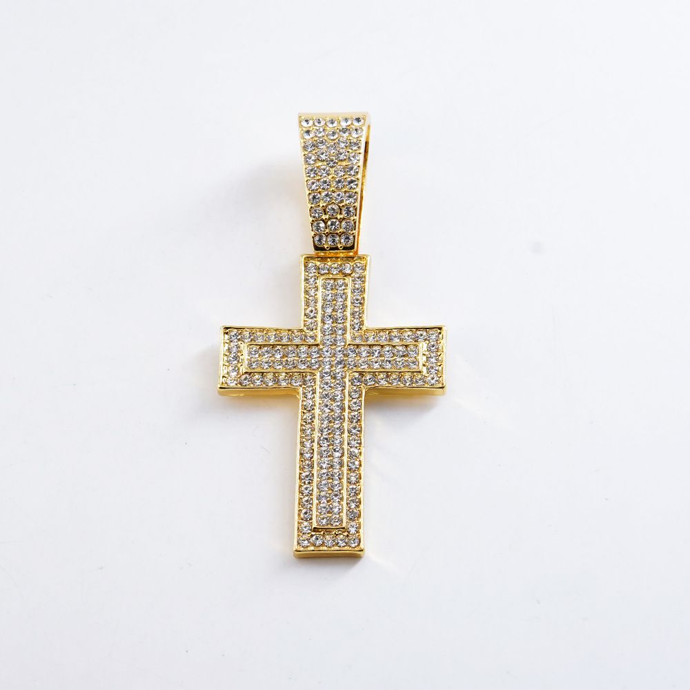 New Unique Niche Design Full Diamond Cross With Watch Buckle Cuban Chain Gold_voghion.com
