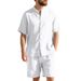 American Hawaiian Summer Men's Linen Loose Henry Collar Beach Short Sleeve Shorts Shirt Set_voghion.com