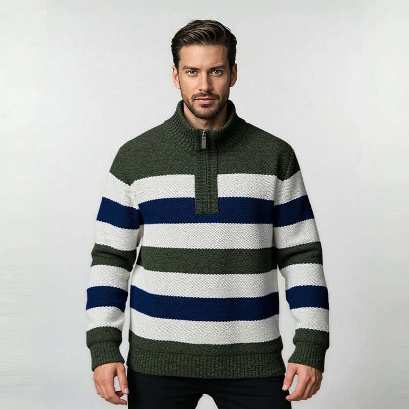 Men's Half-Zip Sweater, Winter Warm Fleece-Lined Pullover, Thickened Striped Knit With Stand Collar, Breathable Polyester Blend (M-3XL)_voghion.com