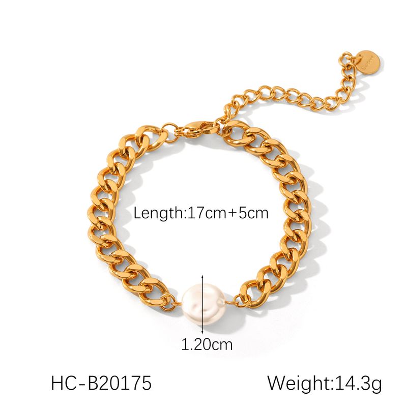 Conjunto de colar e pulseira de corrente cubana feminino, aço inoxidável, pingente de pérola irregular, colar, acessórios de joias banhados a ouro_voghion.com