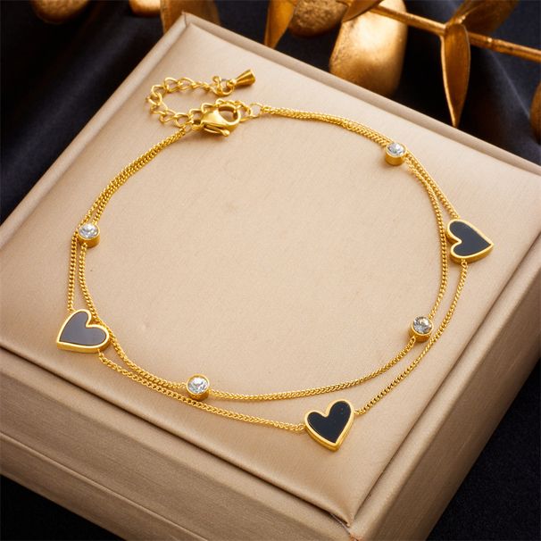 Korean style simple fashion commuting small and versatile cold style diamond heart black and white oil drop double layer stacking anklet_voghion.com