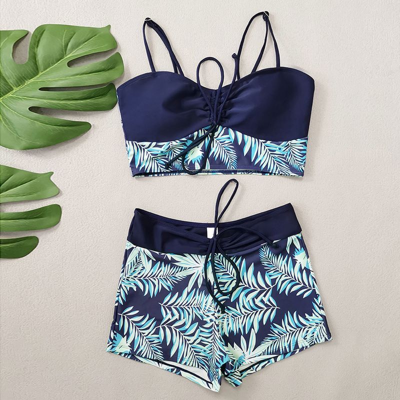 Maillot de bain boxer taille haute fendu pour femmes, imprimé à lacets, couleur unie, épissure, grande taille_voghion.com