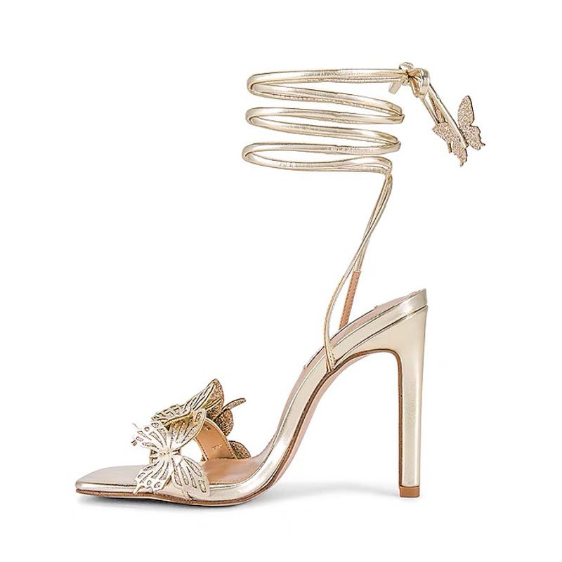 New square head sandals three-dimensional butterfly flowers sexy gold high heels cross lacing four season bed high heels_voghion.com