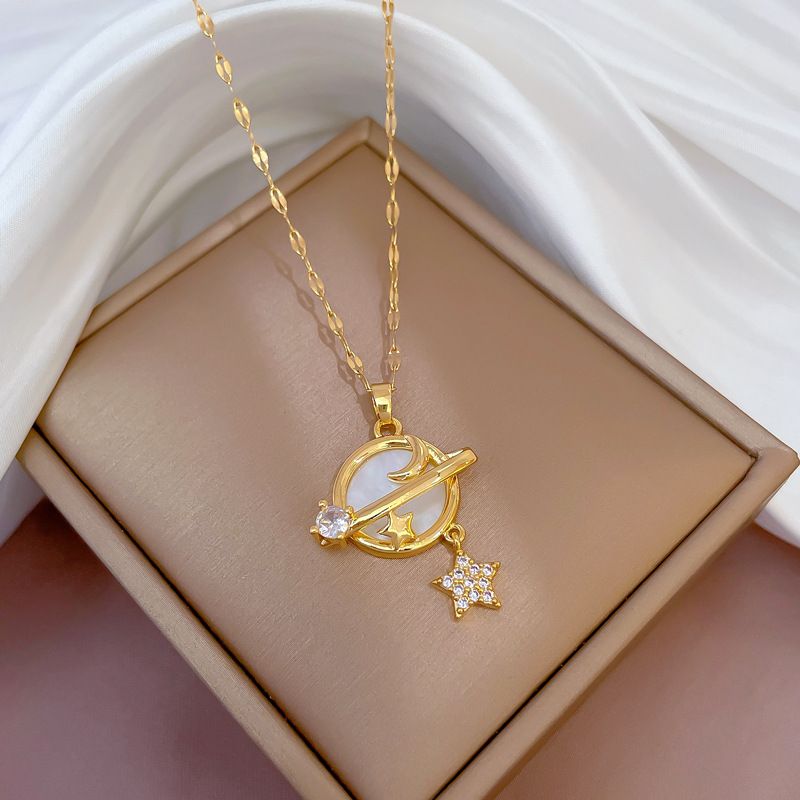 Aço] Concha [Colar de microdiamante temperado em titânio com estrela e lua, estilo requintado feminino, corrente de malha vermelha [Aço titânio]_voghion.com