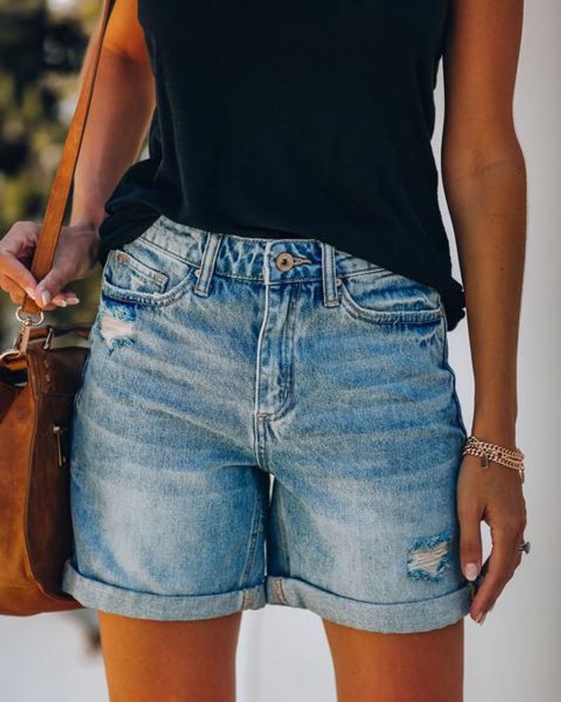Women's Clothing Fashion Street Curled Hole Straight Pants Women's Denim Shorts_voghion.com