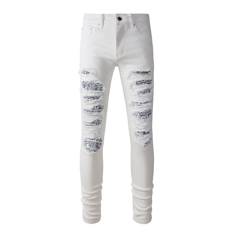 Abbigliamento da uomo, marchio di moda di alta moda, jeans bianchi aderenti alla moda, elastici, con toppe, pantaloni casual da uomo, American 843_voghion.com