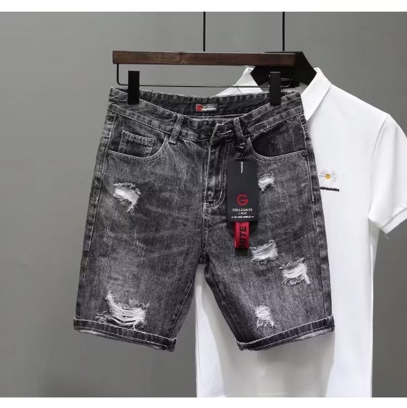 Pantaloncini in denim da uomo, modello Instagram, estivi, sottili, versione coreana, alla moda, aderenti, neri e grigi, con fori a cinque pezzi_voghion.com