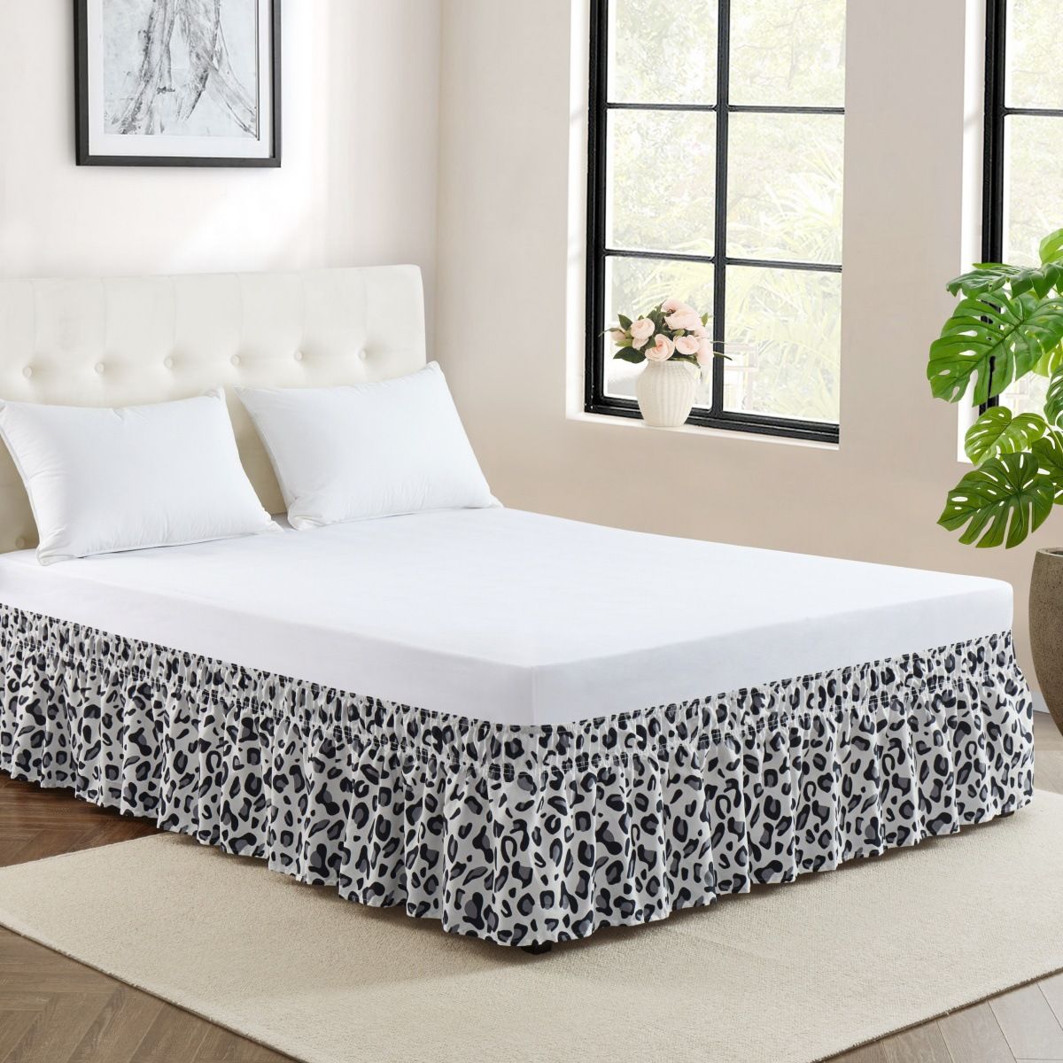 Schwarz-grauer Bettrock mit Leopardenmuster, einteilig, elastisch, plissiert, Bettschürze, Hotelleinen, Nachttischrock_voghion.com