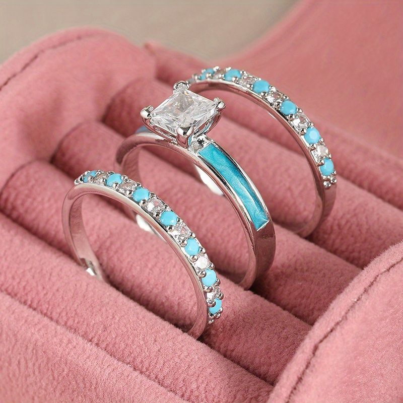 3-teiliges Set Damenringe im Bohemian-Stil mit glänzenden, eingelegten synthetischen Zirkonia, geeignet für Verlobung, Jubiläum, Festival, Party, Urlaub, kann B_voghion.com