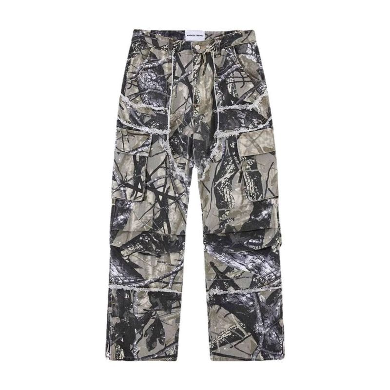 Herrenbekleidung Hip-Hop-Trend-Camouflage-Jeans mit rohen Kanten für Männer und Frauen mit mehreren Taschen, Arbeitskleidung, gerade geschnittene, weite Hosen mit lockerem Reißverschluss_voghion.com