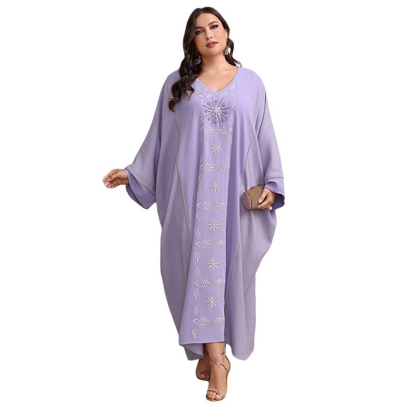 Women's Clothing Embroidery Beaded Robe Women's Muslim Bat Sleeve Loose Large Size Dress_voghion.com