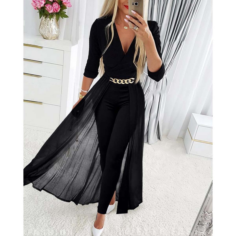 Kadın moda mizaç Örgü ekleme V yaka tulum_voghion.com