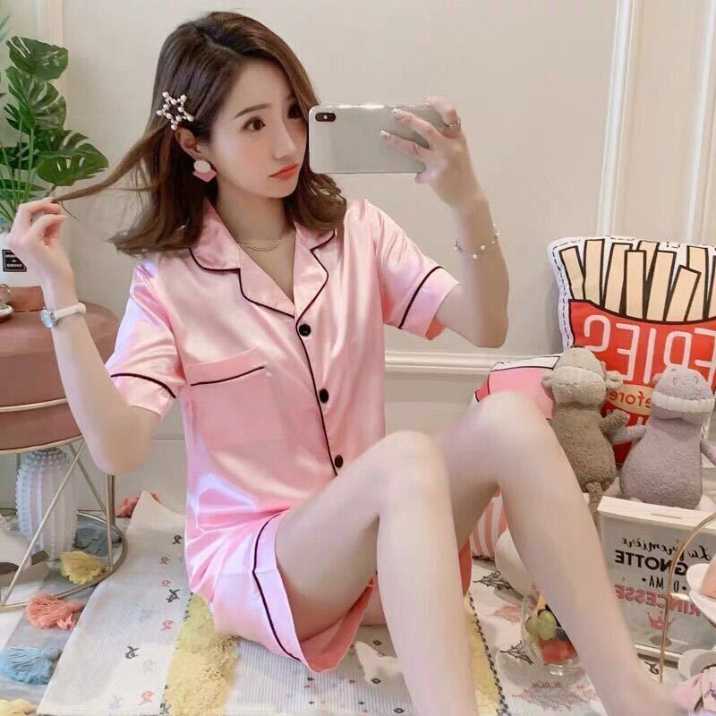 Women's Sleepwears Ice Silk Pajamas Women Summer Short Sleeved Trousers Thin Solid Color Simulation Silk Home Clothes Two Piece Suit_voghion.com