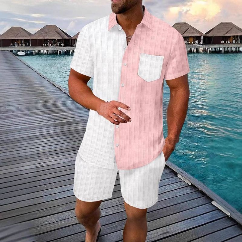 Sommer Herren Hawaiian Jacquard Color-Blocked Pocket Kurzarmhemd, Shorts, Revershemd Casual Set für den Außenhandel_voghion.com