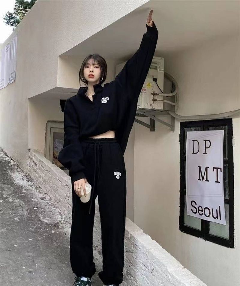 Women's Clothing Sweatshirt And Sweatpants Suit Autumn And Winter New Style Plus Velvet Street Fashion Casual Running Sportswear Two Piece Suit_voghion.com