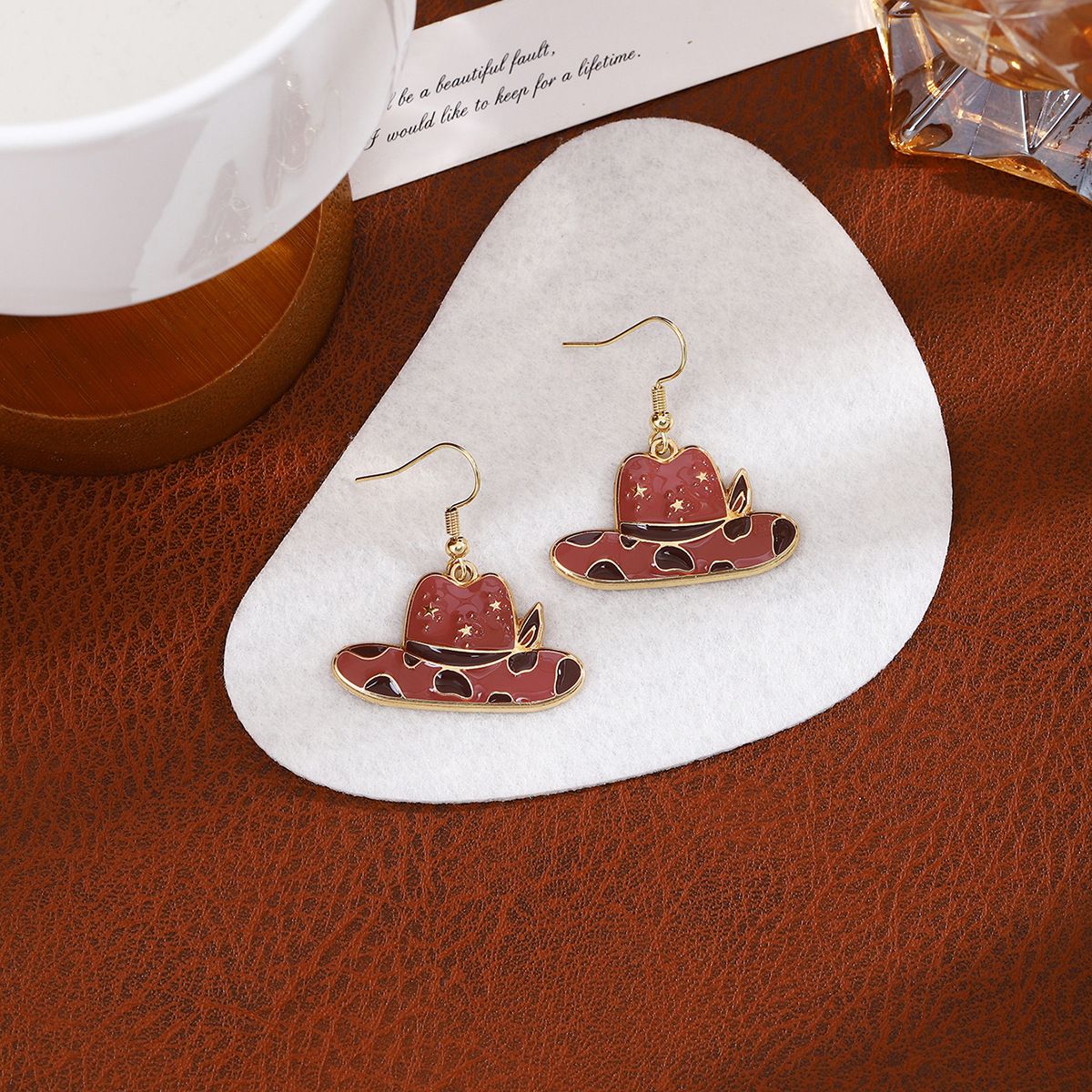 Wine Red Hat Boots Oil Drop Western Cowboy Color-Block Personality Sweet Cool Style Stud Earrings_voghion.com