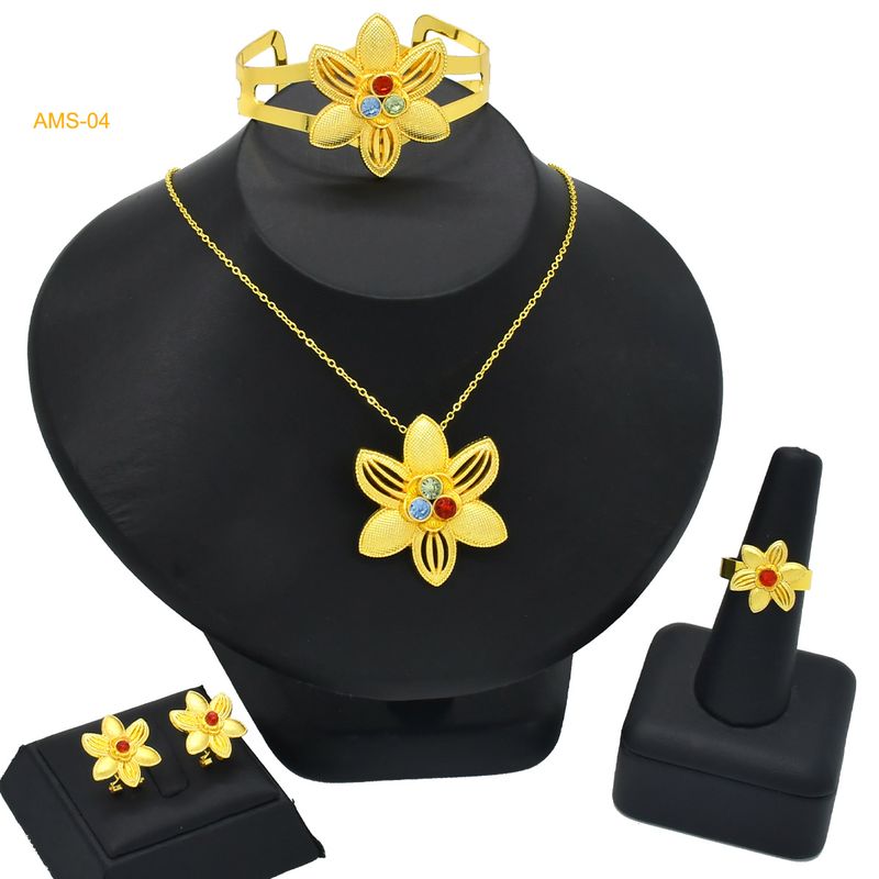 Gold plated jewelry set sargent necklace Earrings bracelet set Ring Butterfly flower jewelry_voghion.com