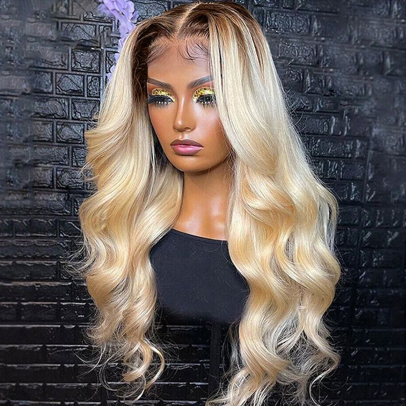 4#/613# T-Farbe, gewelltes Echthaar, 150 % Dichte, Ombre-Blond, gewellt, tiefer Scheitel, Schweizer Spitzenfront-Perücken, Echthaar_voghion.com