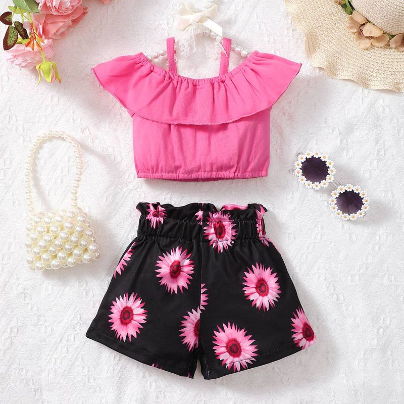 Ins Hot Baby Girl Solid Color Cotton Top And Printed Shorts Set_voghion.com