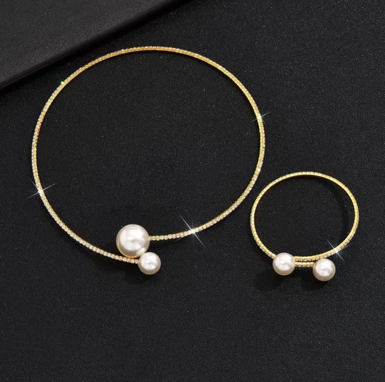 Europe And America Women Trendy Fashion Simulated Pearl And Crystal Diamond Adjustable Necklaces And Bracelets Jewelry Sets Bridal Wedding Accessories_voghion.com