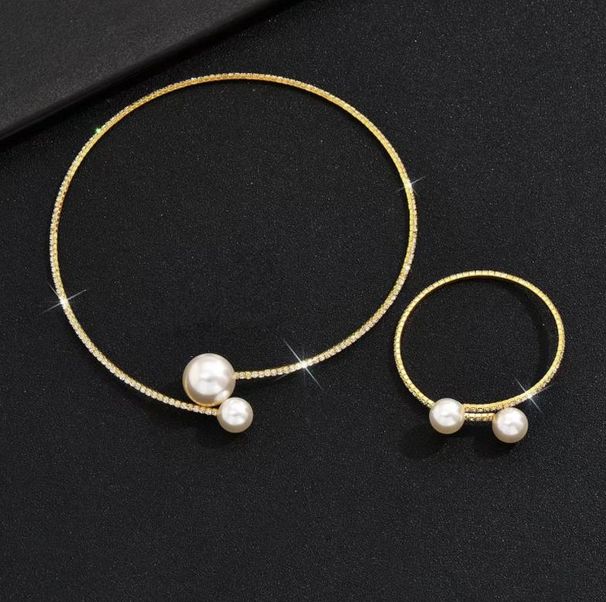 Europe And America Women Trendy Fashion Simulated Pearl And Crystal Diamond Adjustable Necklaces And Bracelets Jewelry Sets Bridal Wedding Accessories_voghion.com