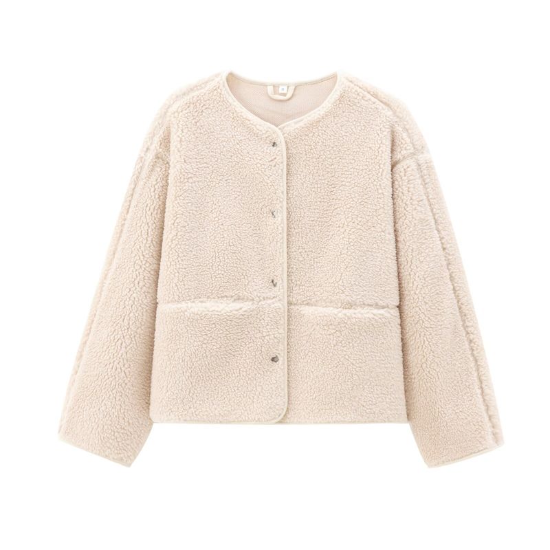 Giacca in velluto Teddy semplice tinta unita con scollo rotondo da donna autunno/inverno 2024_voghion.com
