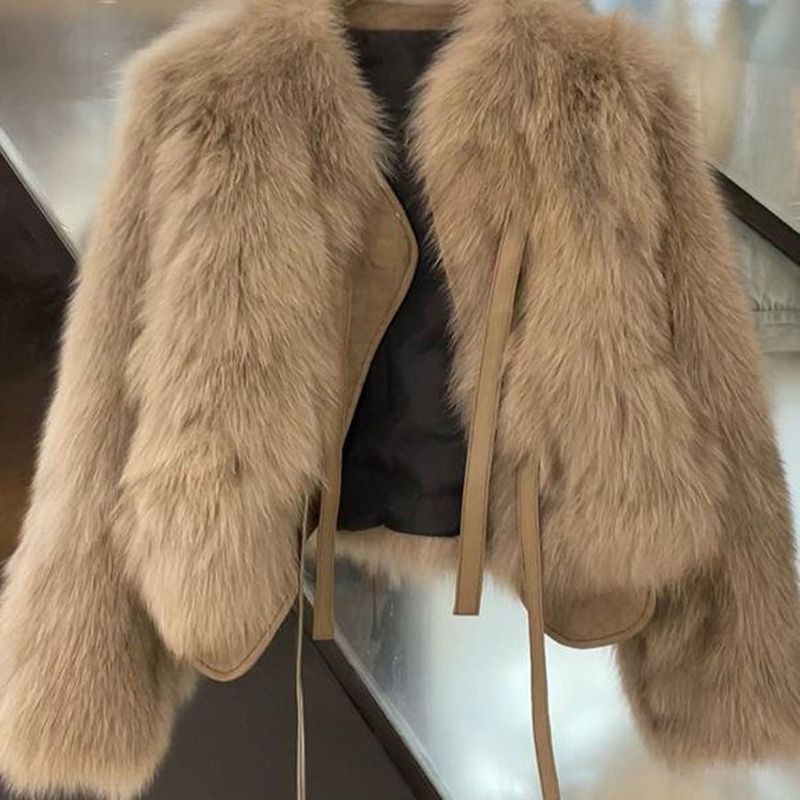 Cappotto in pelliccia sintetica in stile coreano – Top corto e ampio con bordi in pizzo per donna (marrone latte/nero/marrone/bianco latte, S-XL)_voghion.com