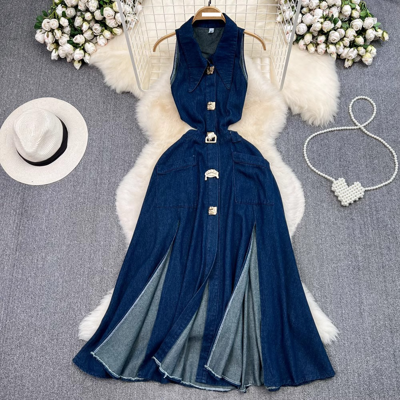 Rochie de damă retro cu rever cu talie goală, talie expusă, fără mâneci, cu un singur sân, rochie din denim cu fante, fustă lungă lejeră_voghion.com