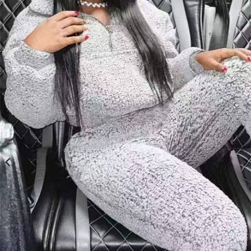 Abbigliamento donna autunno e inverno nuovo caldo grigio peluche manica lunga tuta_voghion.com