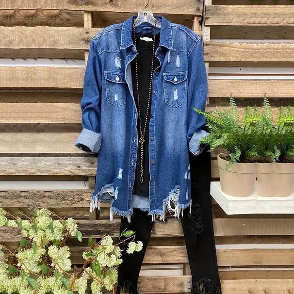 Giacca in denim da donna, taglie forti, comoda e casual, con fori, ampia._voghion.com