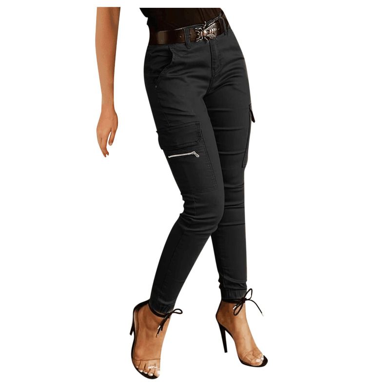 Ropa de mujer Pantalones cargo con bolsillo informal 100% algodón de color sólido_voghion.com