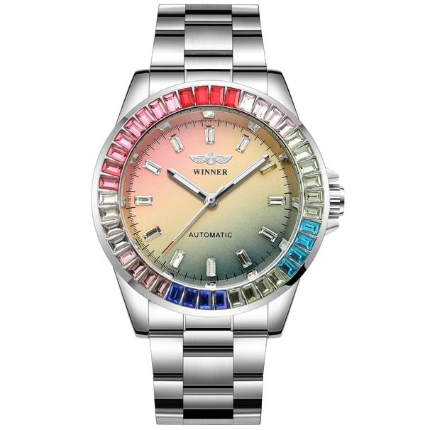 Orologio meccanico completamente automatico con quadrante colorato in diamanti, orologio meccanico impermeabile da uomo con cinturino in acciaio._voghion.com