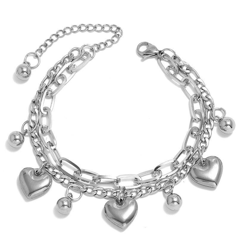 Korean Fashion Hip-Hop Simple Stainless Steel Personality Heart Bell Multi-layer Elegant Bracelet 0504_voghion.com