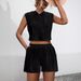Damen Zweiteiliges Set mit ärmellosem Oberteil, Kapuze, Nähten, Schnürung, Tasche, lässiger Weste und Shorts_voghion.com